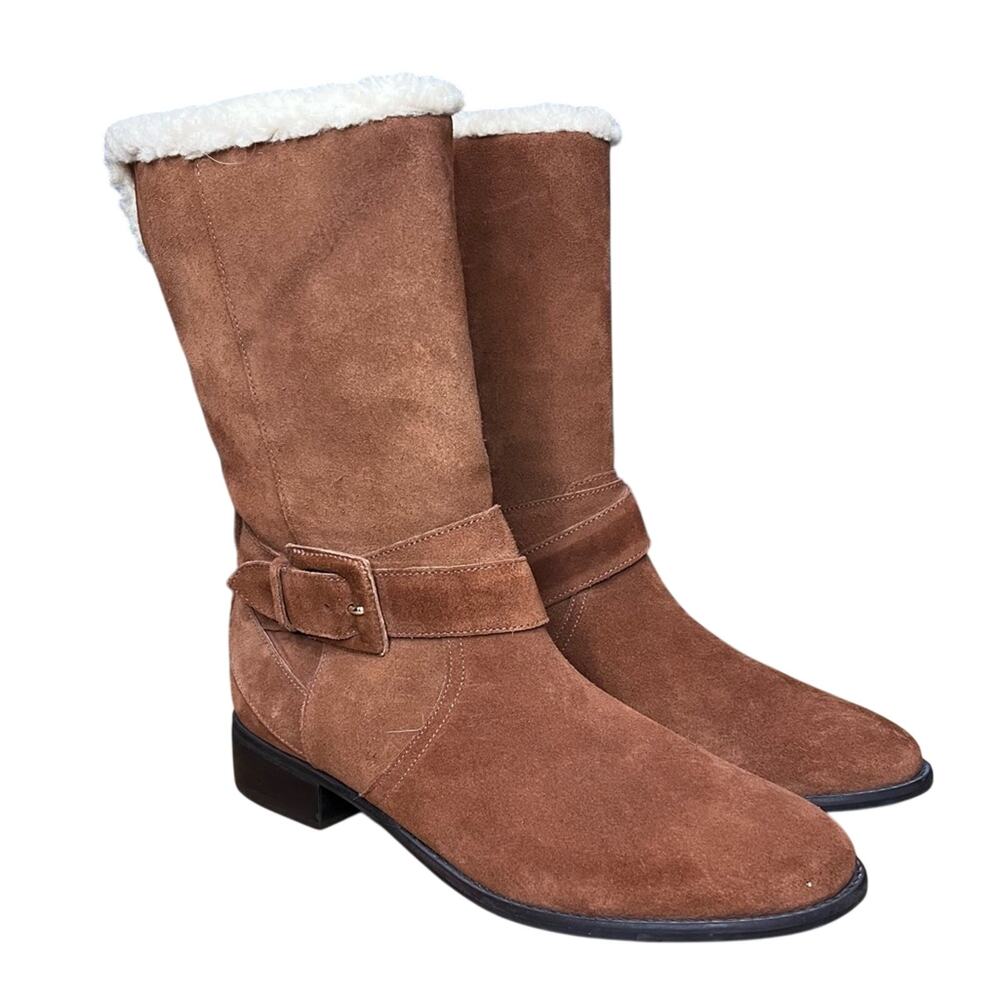Talbots Tish Suede Faux Fur Lined Mid Calf Boots Brown Women’s Size 8.5